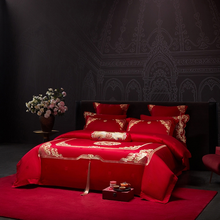 91家纺网 家纺一手货源 找家纺 红翻天婚庆 2026新款全棉纯棉刺绣款婚庆系列四件套多件套-贵族盛典系列 100S贵族盛典-金