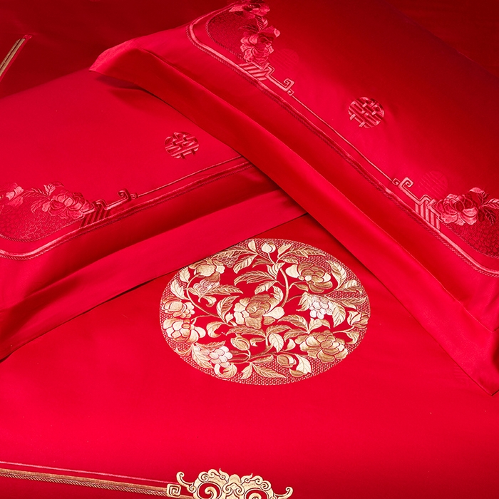 91家纺网 家纺一手货源 找家纺 红翻天婚庆 2026新款全棉纯棉刺绣款婚庆系列四件套多件套-贵族盛典系列 100S贵族盛典-红