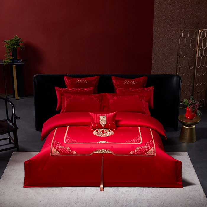 91家纺网 家纺一手货源 找家纺 红翻天婚庆 2026新款全棉纯棉刺绣款婚庆系列四件套多件套-贵族盛典系列 100S贵族盛典-红