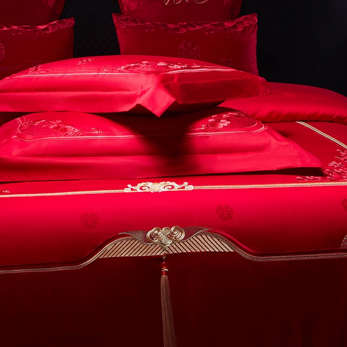 91家纺网 家纺一手货源 找家纺 红翻天婚庆 2026新款全棉纯棉刺绣款婚庆系列四件套多件套-贵族盛典系列 100S贵族盛典-红