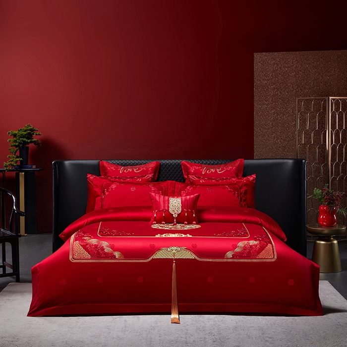 红翻天婚庆 2026新款全棉纯棉刺绣款婚庆系列四件套多件套-贵族盛典系列 100S贵族盛典-红
