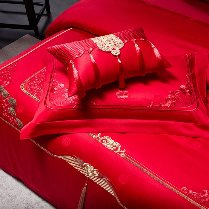 91家纺网 家纺一手货源 找家纺 红翻天婚庆 2026新款全棉纯棉刺绣款婚庆系列四件套多件套-贵族盛典系列 100S贵族盛典-红