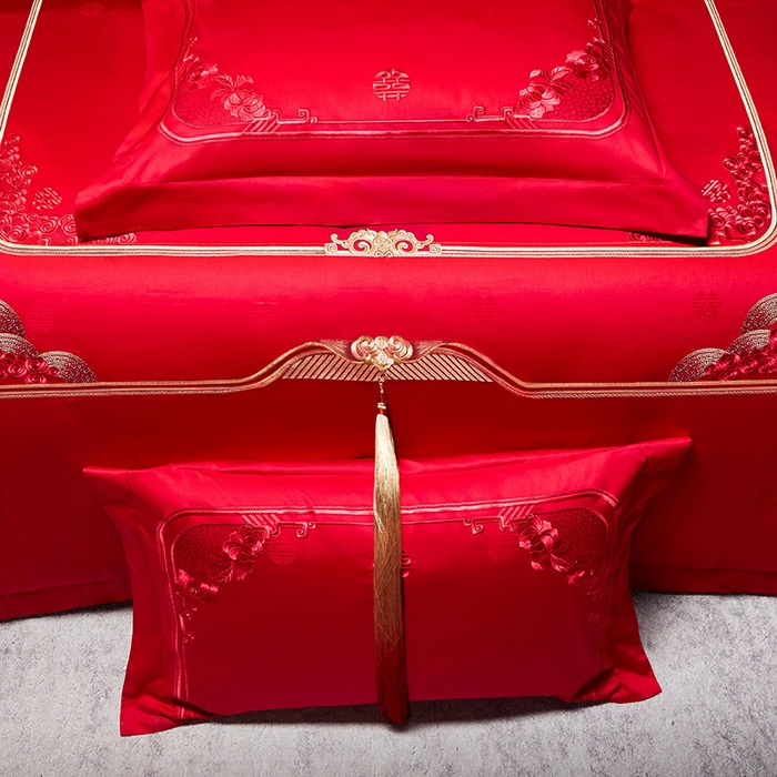 91家纺网 家纺一手货源 找家纺 红翻天婚庆 2026新款全棉纯棉刺绣款婚庆系列四件套多件套-贵族盛典系列 100S贵族盛典-红