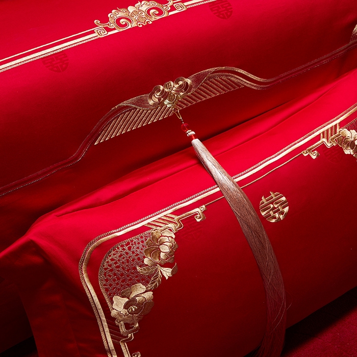 91家纺网 家纺一手货源 找家纺 红翻天婚庆 2026新款全棉纯棉刺绣款婚庆系列四件套多件套-贵族盛典系列 100S贵族盛典-金