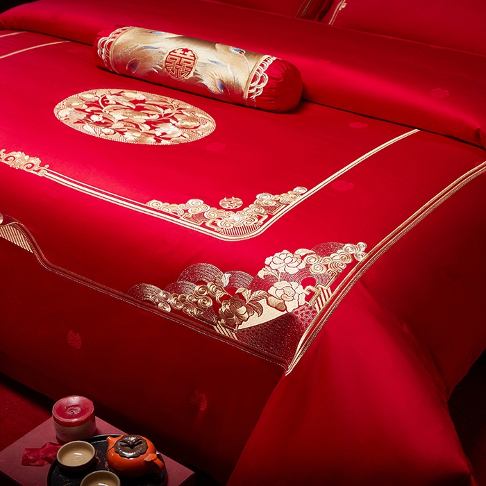 91家纺网 家纺一手货源 找家纺 红翻天婚庆 2026新款全棉纯棉刺绣款婚庆系列四件套多件套-贵族盛典系列 100S贵族盛典-金