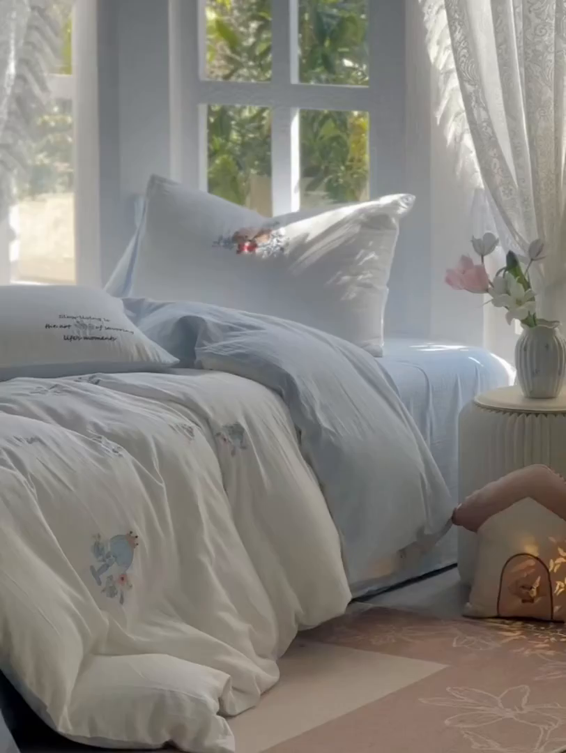 91家纺网 家纺一手货源 找家纺 （总）沐珩家纺 2026新款直播爆款A类母婴级素色全棉双层皱皱纱绣花纯棉双层纱四件套