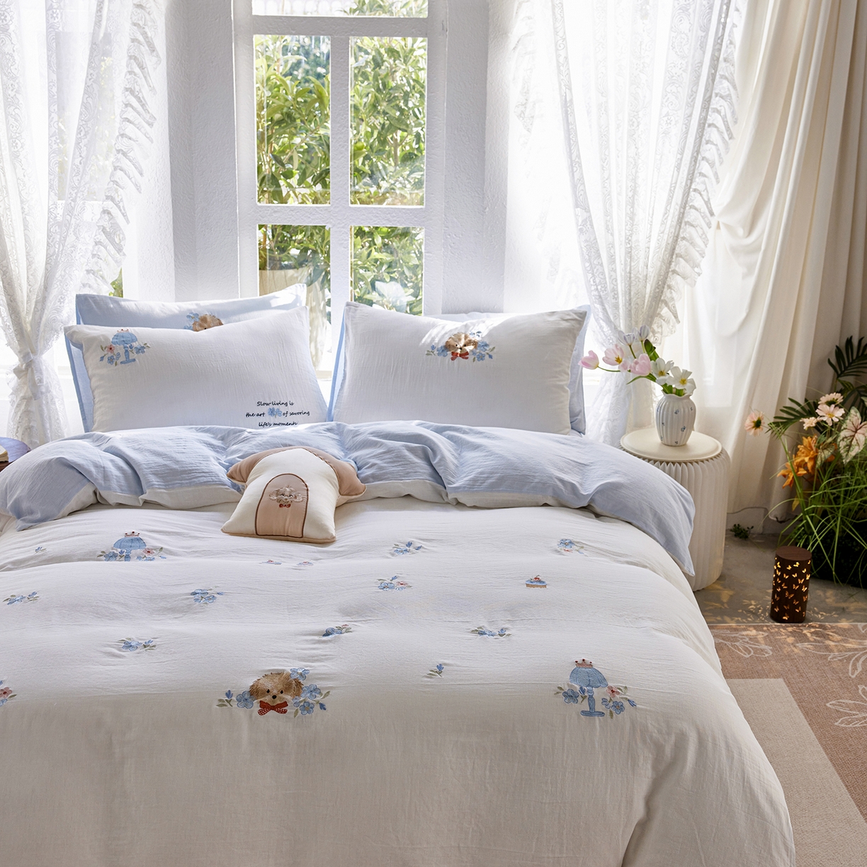 91家纺网 家纺一手货源 找家纺 （总）沐珩家纺 2026新款直播爆款A类母婴级素色全棉双层皱皱纱绣花纯棉双层纱四件套