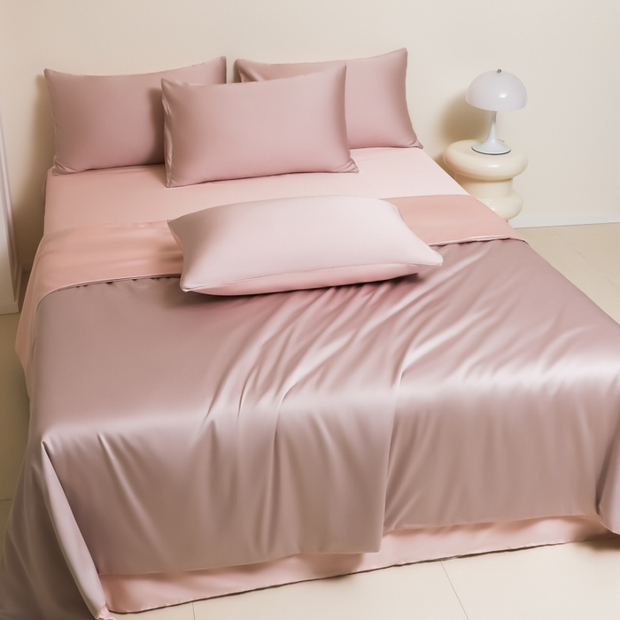 91家纺网 家纺一手货源 找家纺 缦绣阁家纺 2026新款夏季水洗冰丝轻奢四件套及丝滑裸睡被套被罩单品 豆沙紫+粉