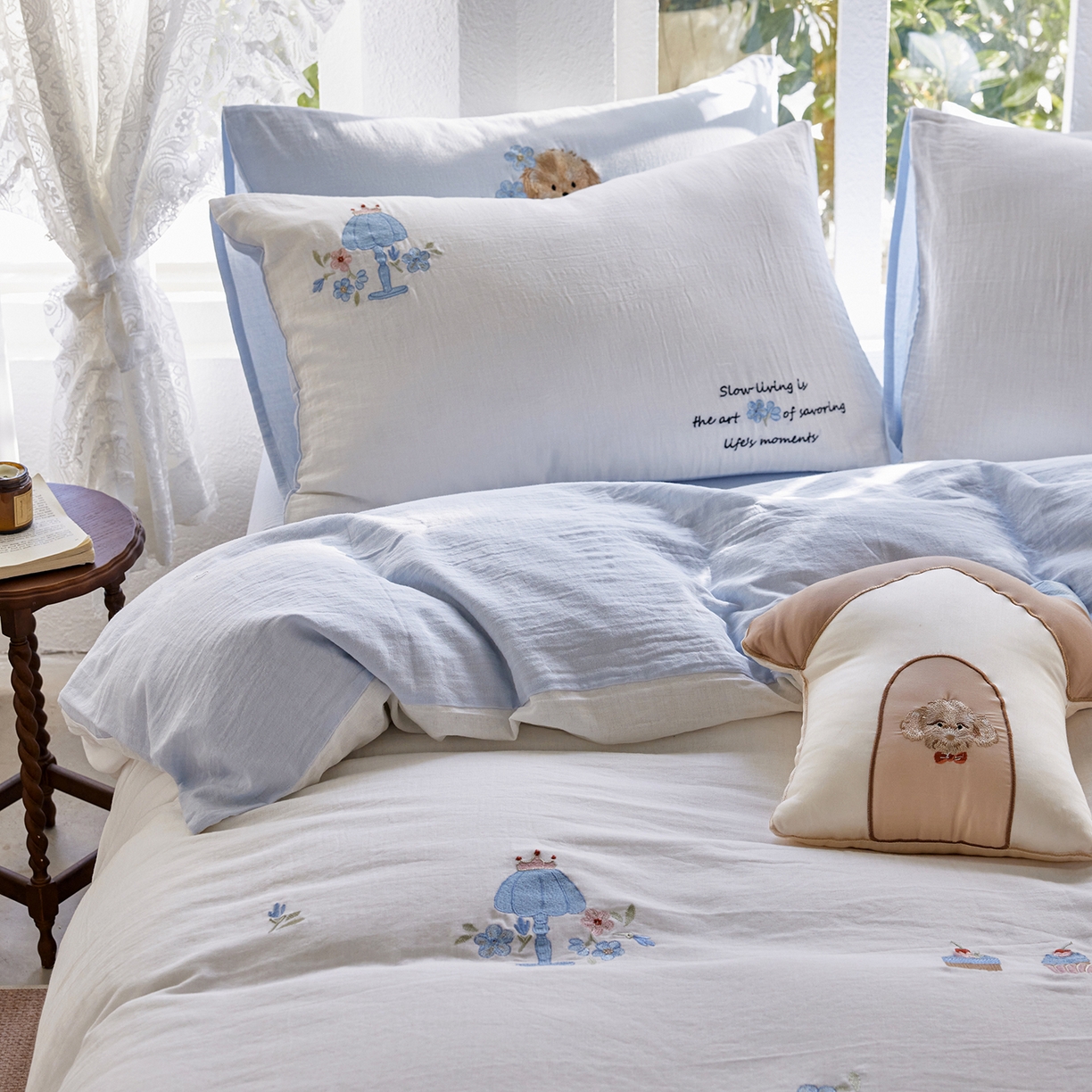 91家纺网 家纺一手货源 找家纺 沐珩家纺 2026新款直播爆款A类母婴级素色全棉双层皱皱纱绣花纯棉双层纱四件套 蛋糕贵宾