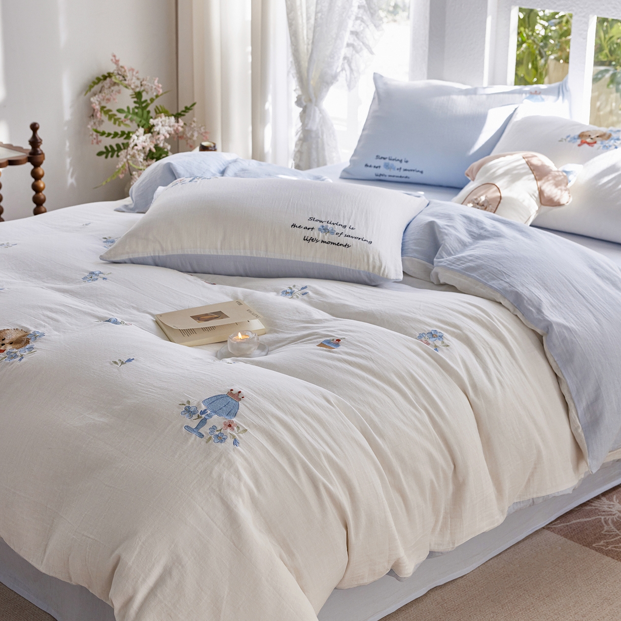 91家纺网 家纺一手货源 找家纺 沐珩家纺 2026新款直播爆款A类母婴级素色全棉双层皱皱纱绣花纯棉双层纱四件套 蛋糕贵宾