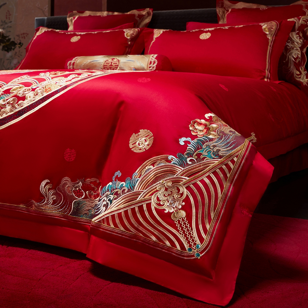 91家纺网 家纺一手货源 找家纺 （总）红翻天婚庆 2026新款全棉纯棉刺绣款婚庆系列四件套多件套-100S福禄双喜