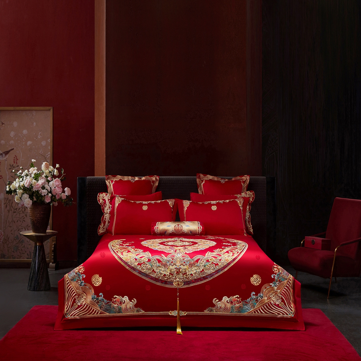 91家纺网 家纺一手货源 找家纺 （总）红翻天婚庆 2026新款全棉纯棉刺绣款婚庆系列四件套多件套-100S福禄双喜