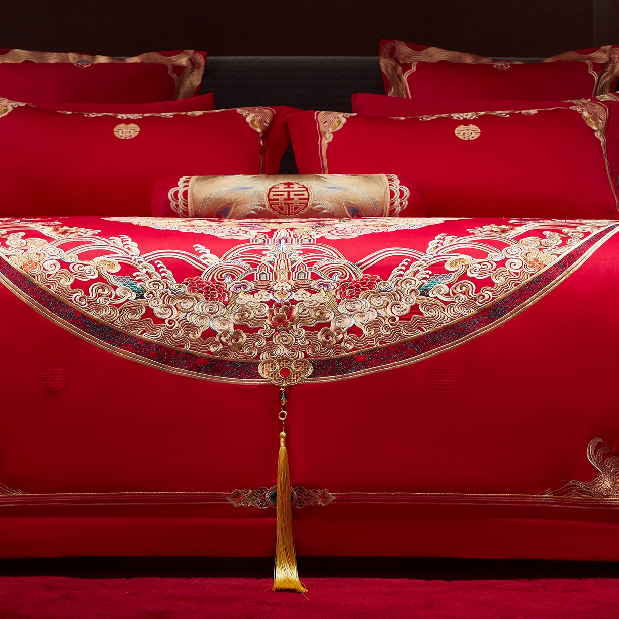 91家纺网 家纺一手货源 找家纺 （总）红翻天婚庆 2026新款全棉纯棉刺绣款婚庆系列四件套多件套-100S福禄双喜