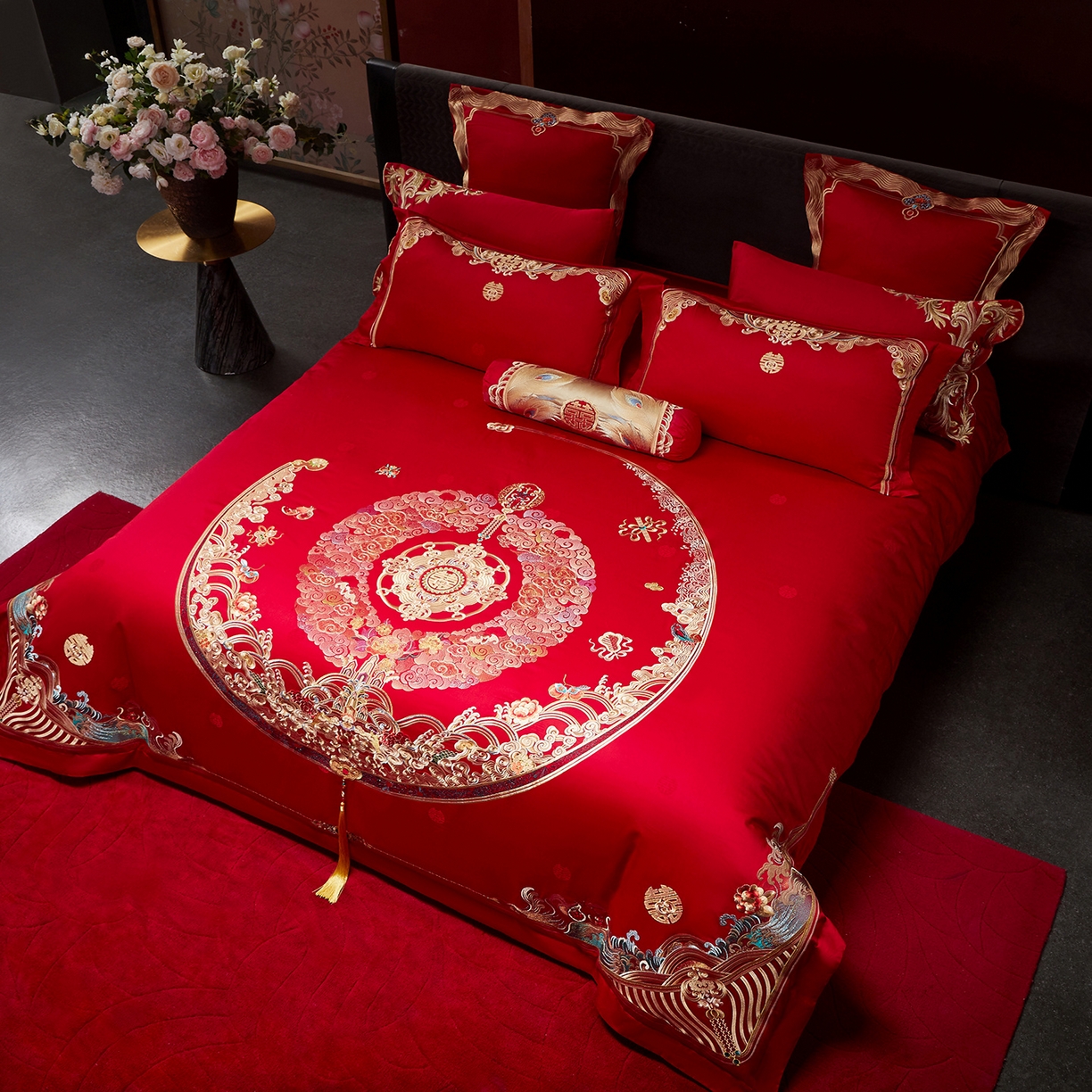91家纺网 家纺一手货源 找家纺 （总）红翻天婚庆 2026新款全棉纯棉刺绣款婚庆系列四件套多件套-100S福禄双喜