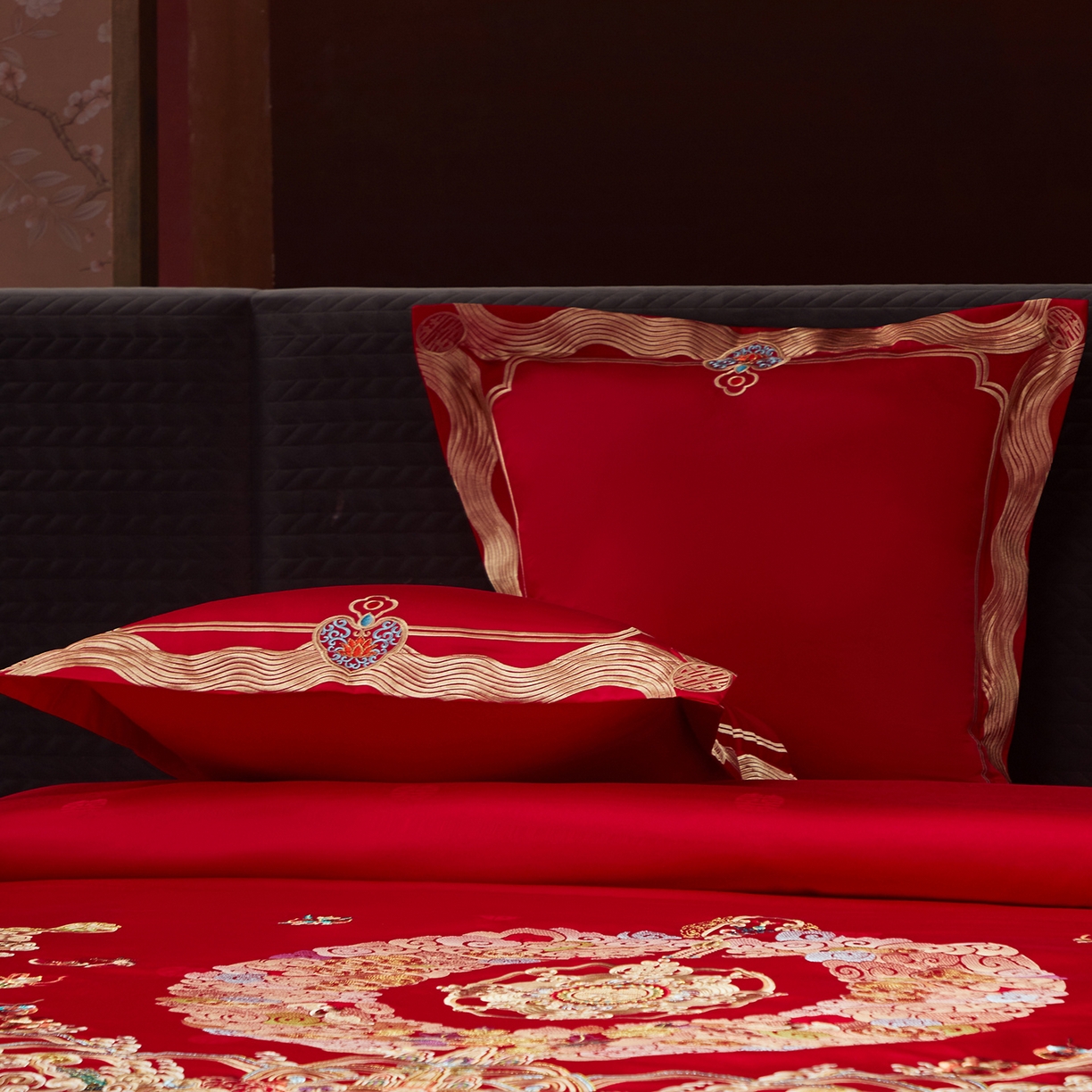 91家纺网 家纺一手货源 找家纺 （总）红翻天婚庆 2026新款全棉纯棉刺绣款婚庆系列四件套多件套-100S福禄双喜