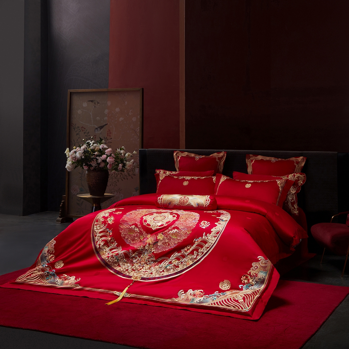 91家纺网 家纺一手货源 找家纺 （总）红翻天婚庆 2026新款全棉纯棉刺绣款婚庆系列四件套多件套-100S福禄双喜