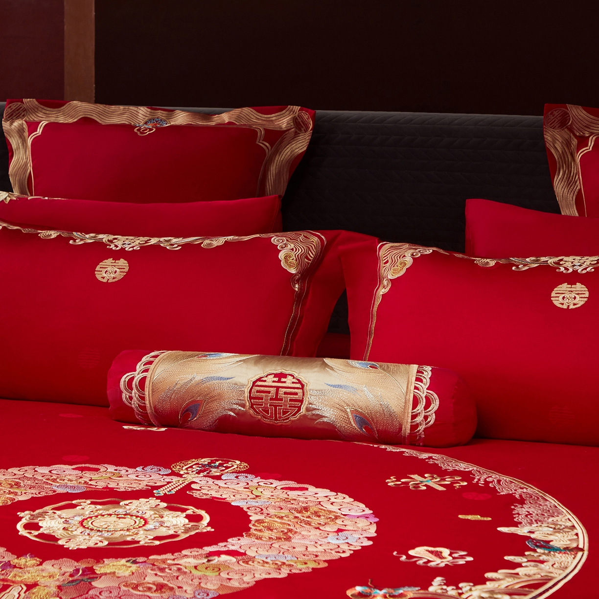 91家纺网 家纺一手货源 找家纺 （总）红翻天婚庆 2026新款全棉纯棉刺绣款婚庆系列四件套多件套-100S福禄双喜