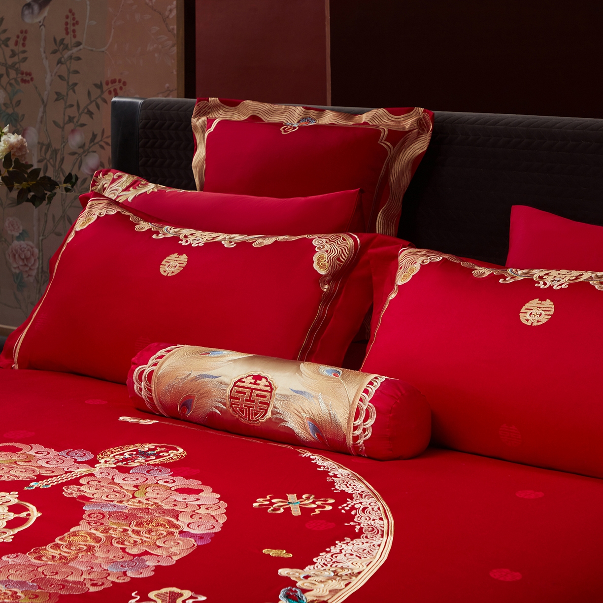 91家纺网 家纺一手货源 找家纺 （总）红翻天婚庆 2026新款全棉纯棉刺绣款婚庆系列四件套多件套-100S福禄双喜