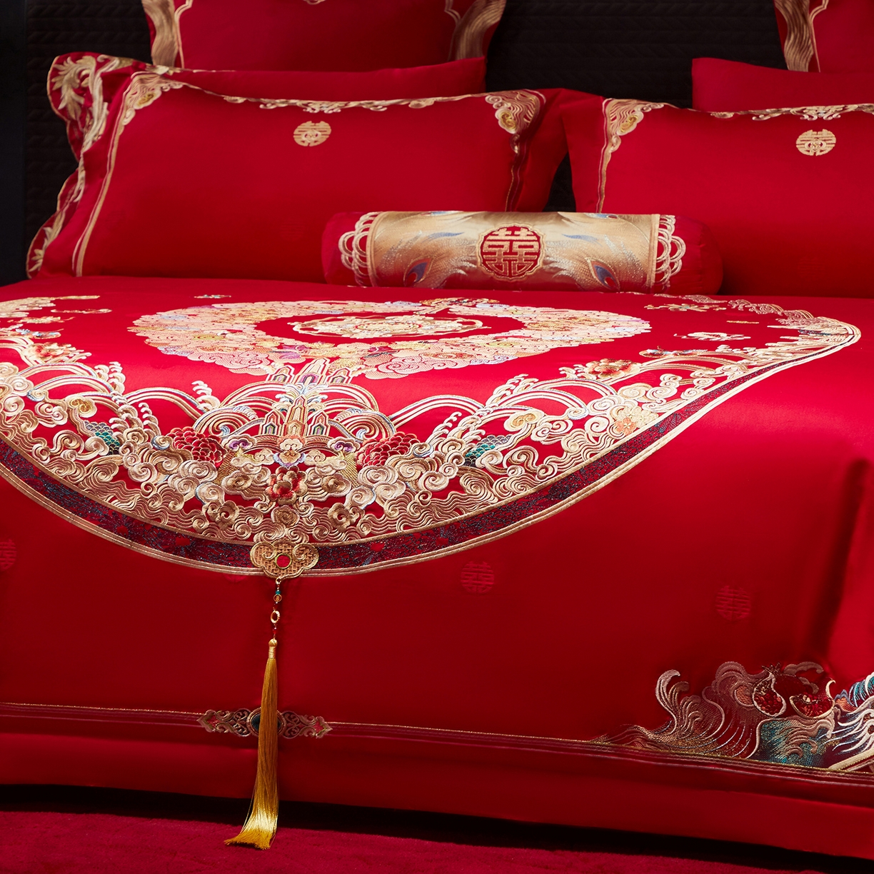 91家纺网 家纺一手货源 找家纺 （总）红翻天婚庆 2026新款全棉纯棉刺绣款婚庆系列四件套多件套-100S福禄双喜