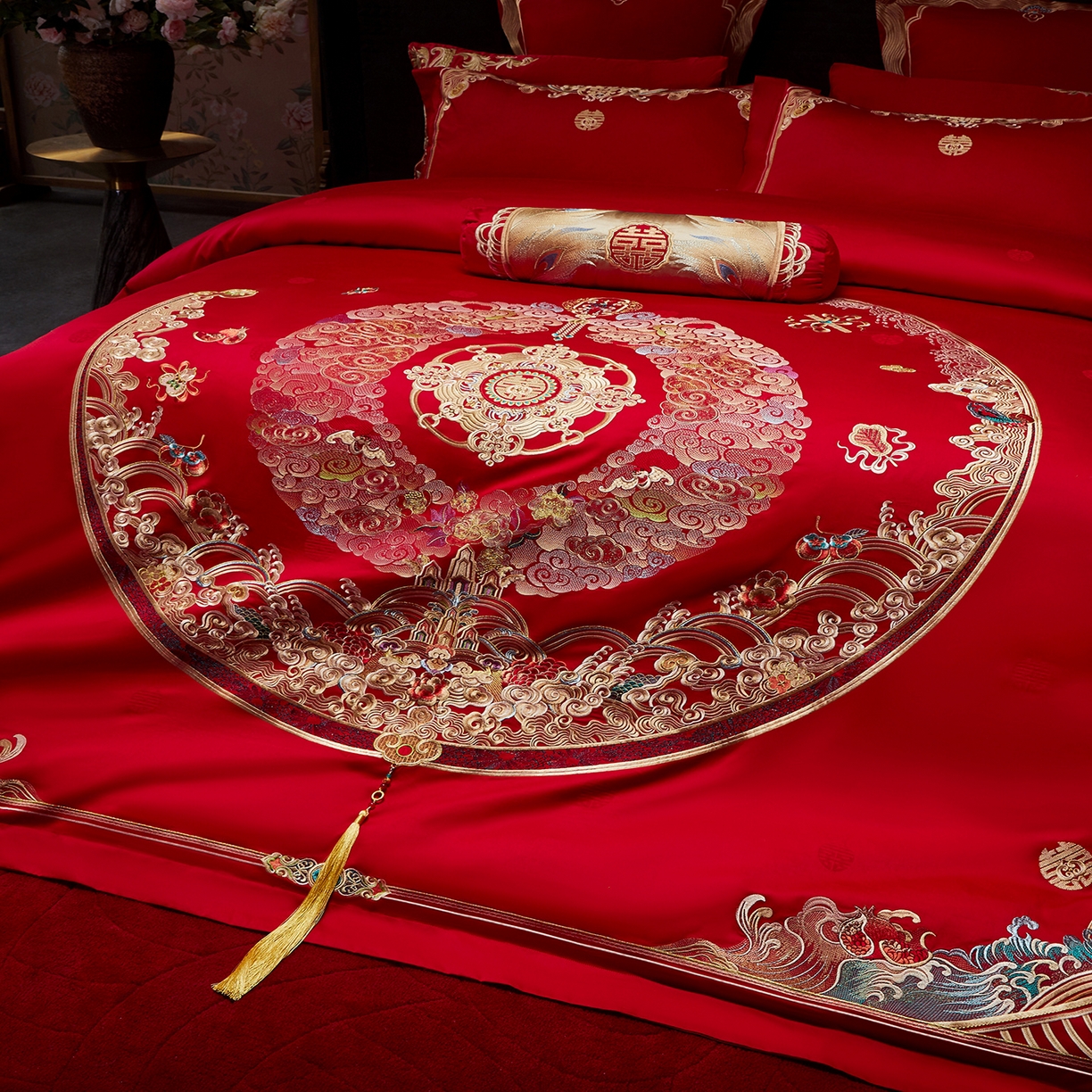 91家纺网 家纺一手货源 找家纺 （总）红翻天婚庆 2026新款全棉纯棉刺绣款婚庆系列四件套多件套-100S福禄双喜