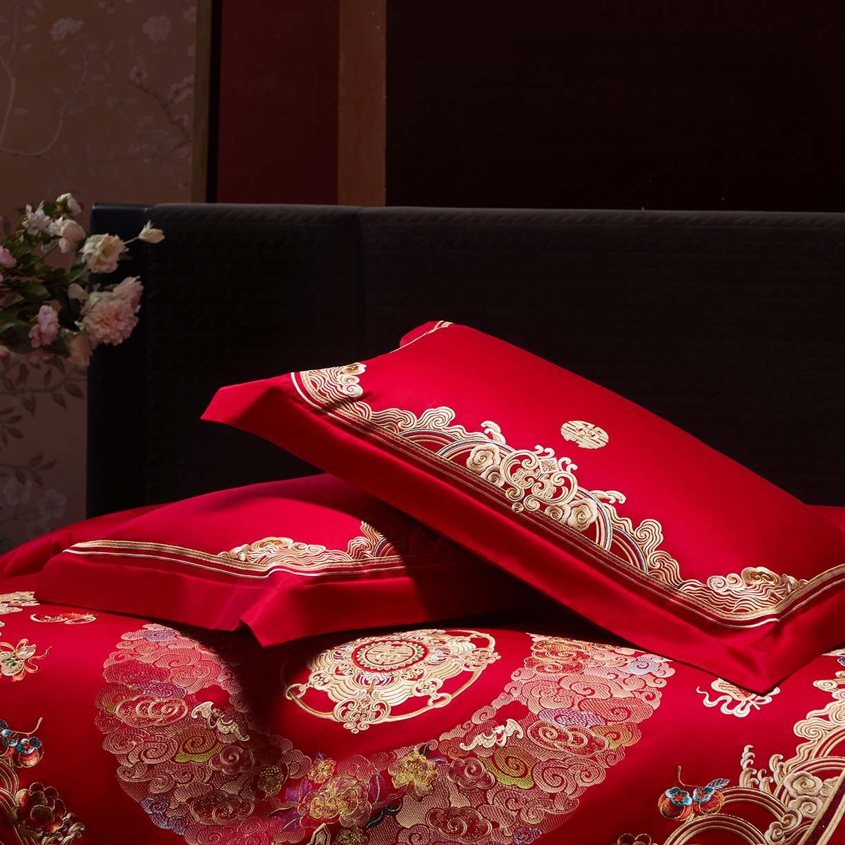 91家纺网 家纺一手货源 找家纺 （总）红翻天婚庆 2026新款全棉纯棉刺绣款婚庆系列四件套多件套-100S福禄双喜