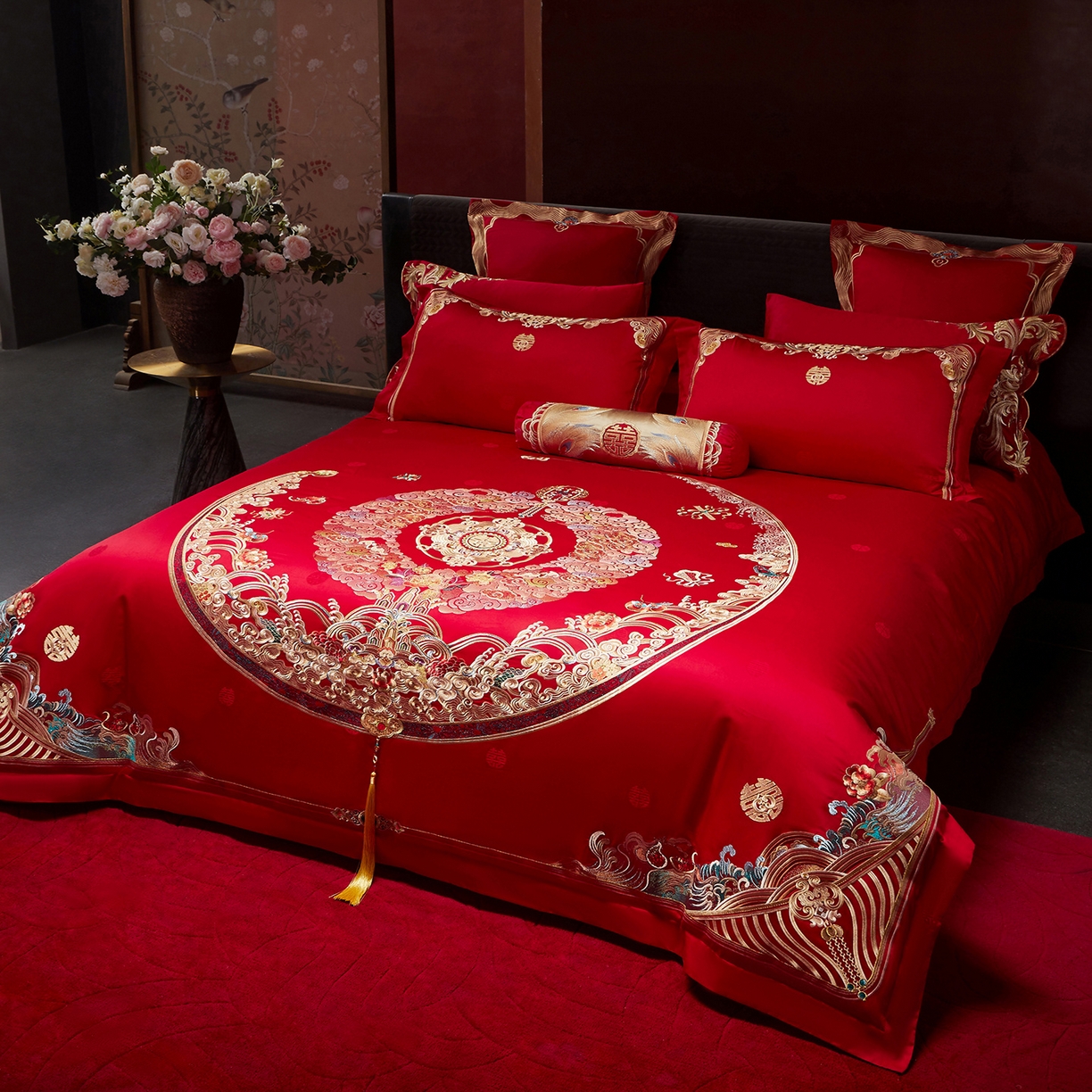 91家纺网 家纺一手货源 找家纺 （总）红翻天婚庆 2026新款全棉纯棉刺绣款婚庆系列四件套多件套-100S福禄双喜