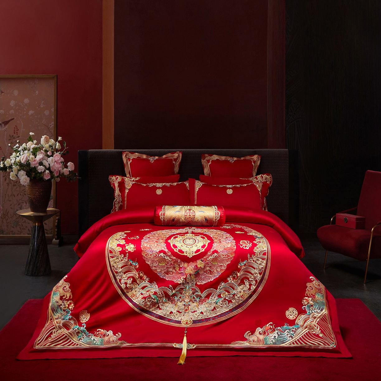 91家纺网 家纺一手货源 找家纺 （总）红翻天婚庆 2026新款全棉纯棉刺绣款婚庆系列四件套多件套-100S福禄双喜