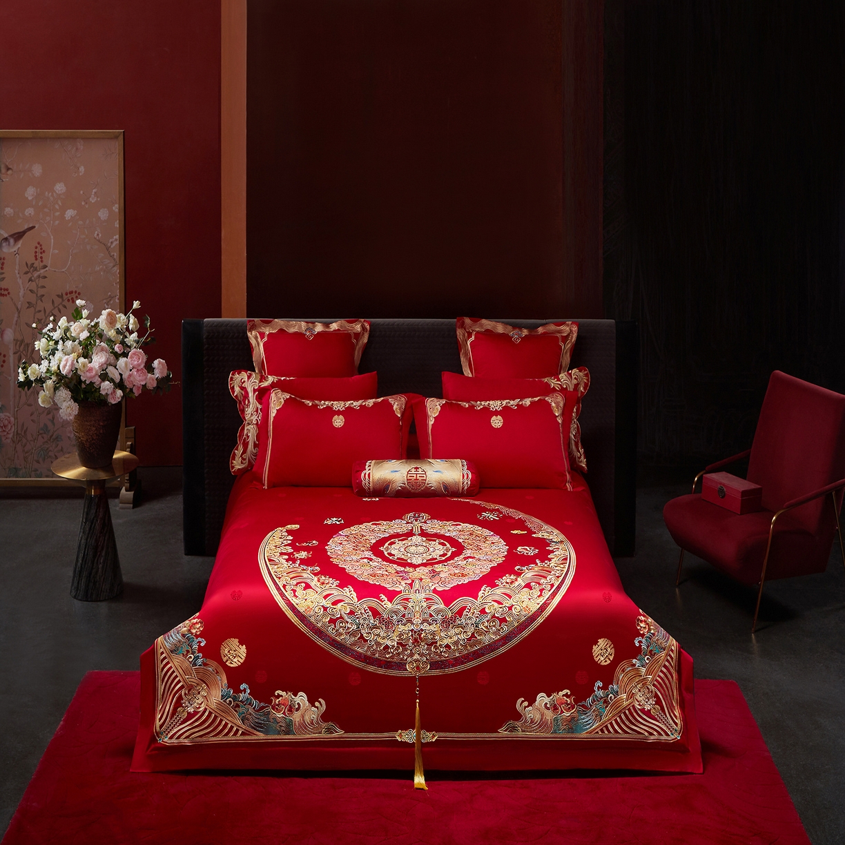 91家纺网 家纺一手货源 找家纺 （总）红翻天婚庆 2026新款全棉纯棉刺绣款婚庆系列四件套多件套-100S福禄双喜