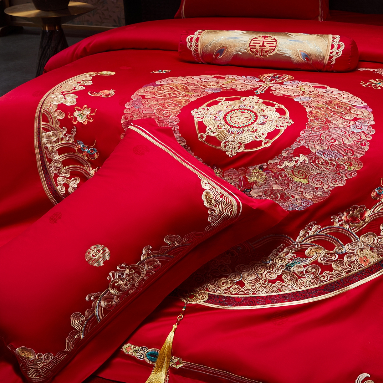 91家纺网 家纺一手货源 找家纺 （总）红翻天婚庆 2026新款全棉纯棉刺绣款婚庆系列四件套多件套-100S福禄双喜