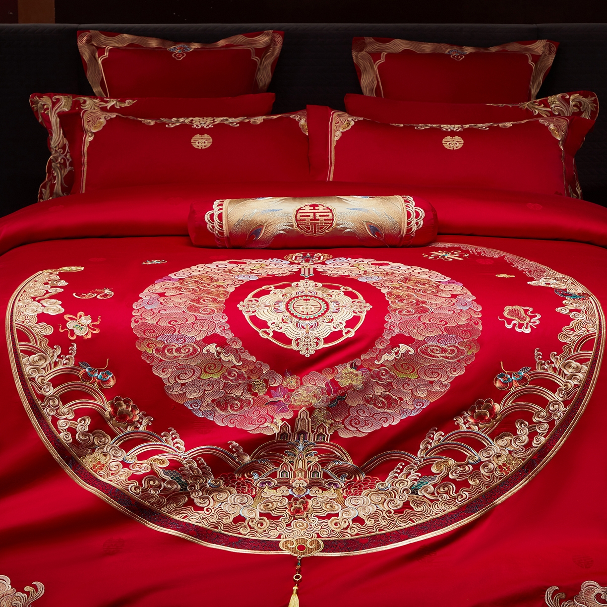 91家纺网 家纺一手货源 找家纺 （总）红翻天婚庆 2026新款全棉纯棉刺绣款婚庆系列四件套多件套-100S福禄双喜