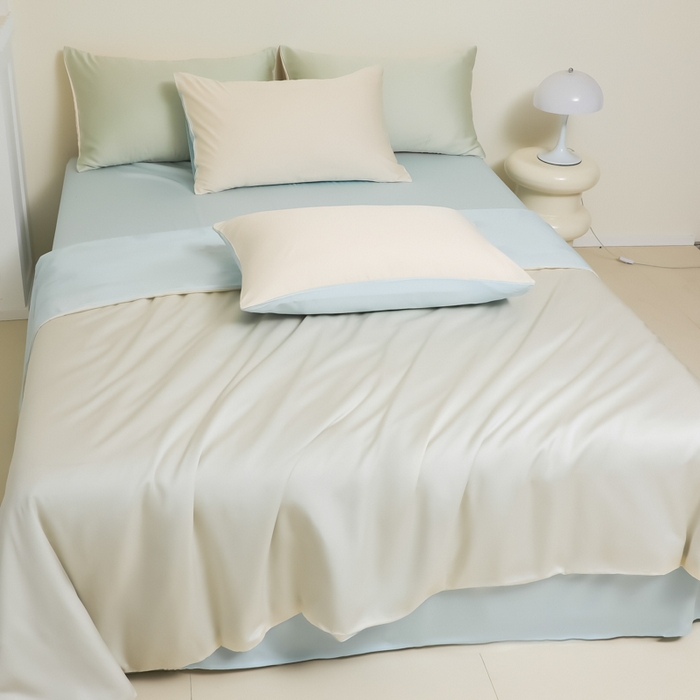 91家纺网 家纺一手货源 找家纺 缦绣阁家纺 2026新款夏季水洗冰丝轻奢四件套及丝滑裸睡被套被罩单品 芝士碧湖兰