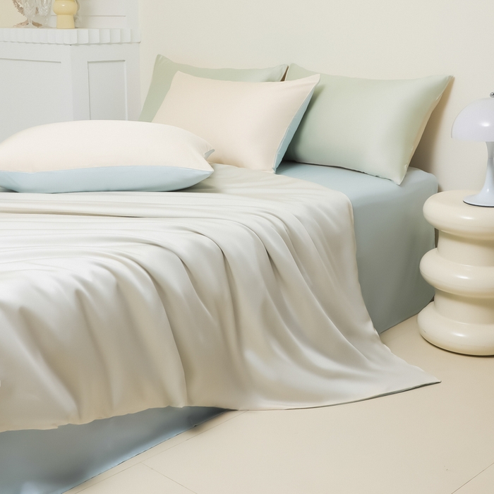 91家纺网 家纺一手货源 找家纺 缦绣阁家纺 2026新款夏季水洗冰丝轻奢四件套及丝滑裸睡被套被罩单品 芝士碧湖兰