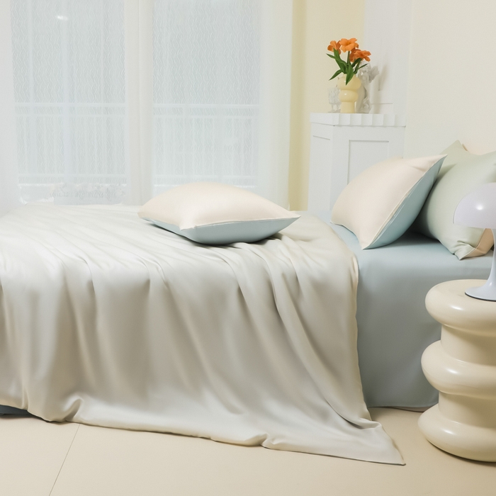 91家纺网 家纺一手货源 找家纺 缦绣阁家纺 2026新款夏季水洗冰丝轻奢四件套及丝滑裸睡被套被罩单品 芝士碧湖兰