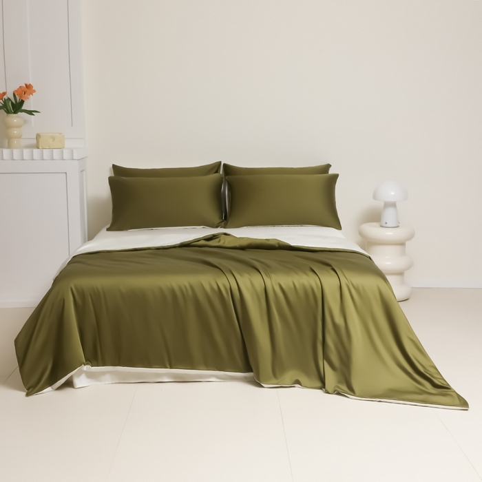 91家纺网 家纺一手货源 找家纺 缦绣阁家纺 2026新款夏季水洗冰丝轻奢四件套及丝滑裸睡被套被罩单品 橄榄绿芝士