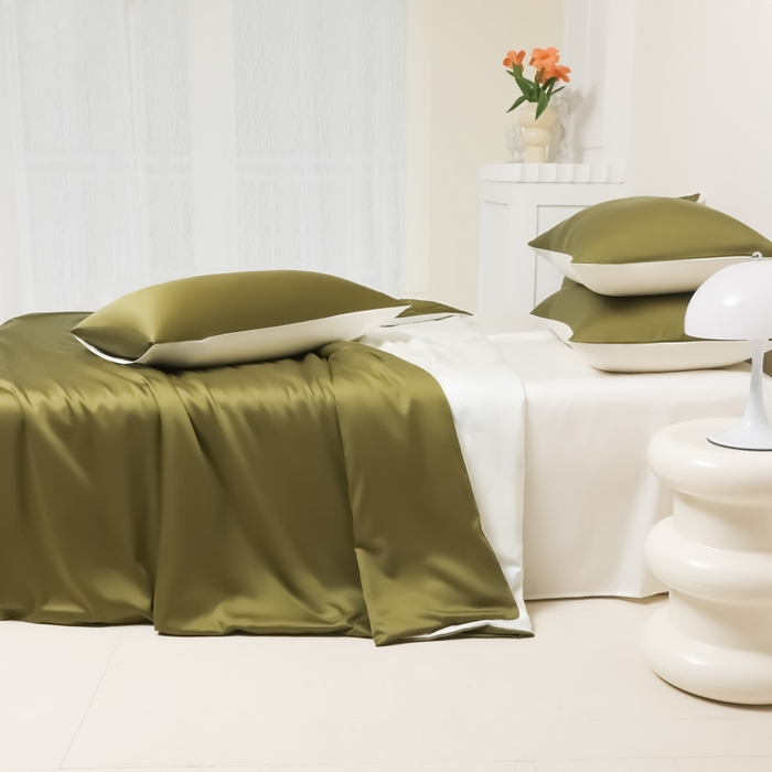 91家纺网 家纺一手货源 找家纺 缦绣阁家纺 2026新款夏季水洗冰丝轻奢四件套及丝滑裸睡被套被罩单品 橄榄绿芝士