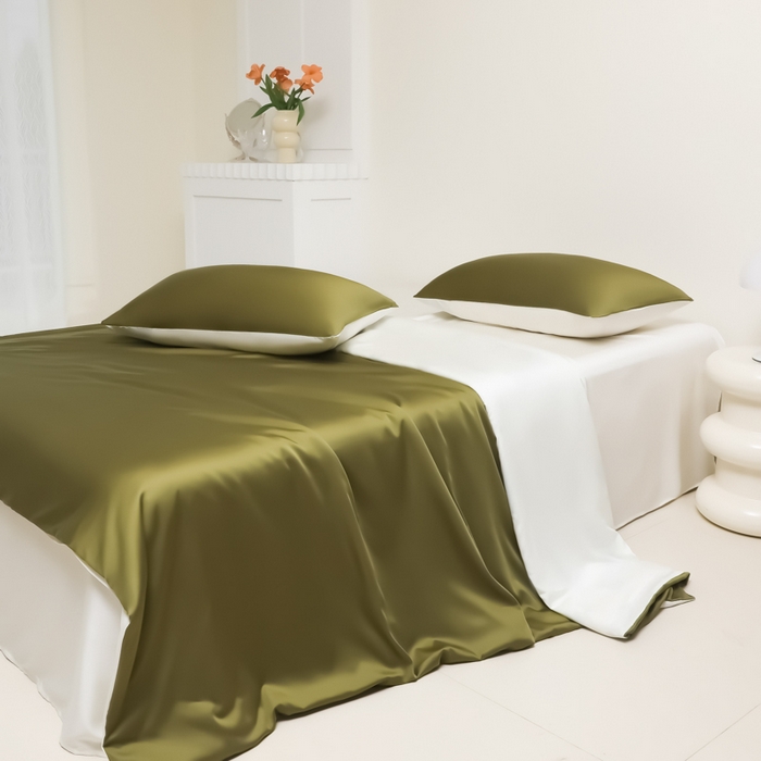 91家纺网 家纺一手货源 找家纺 缦绣阁家纺 2026新款夏季水洗冰丝轻奢四件套及丝滑裸睡被套被罩单品 橄榄绿芝士