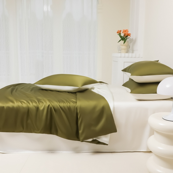 91家纺网 家纺一手货源 找家纺 缦绣阁家纺 2026新款夏季水洗冰丝轻奢四件套及丝滑裸睡被套被罩单品 橄榄绿芝士