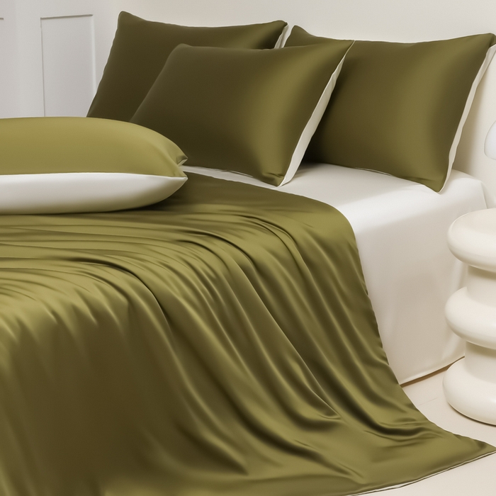 91家纺网 家纺一手货源 找家纺 缦绣阁家纺 2026新款夏季水洗冰丝轻奢四件套及丝滑裸睡被套被罩单品 橄榄绿芝士