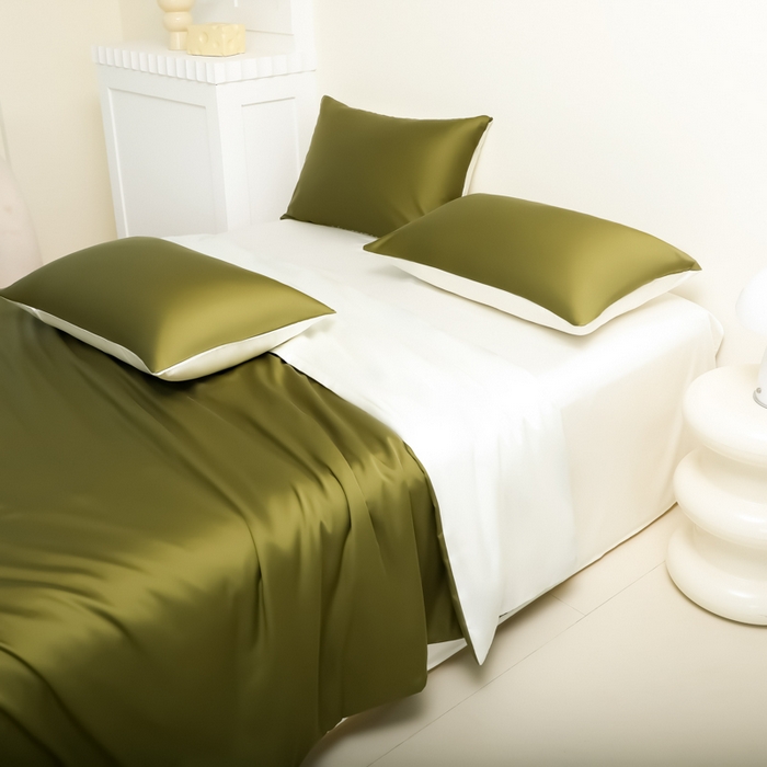 91家纺网 家纺一手货源 找家纺 缦绣阁家纺 2026新款夏季水洗冰丝轻奢四件套及丝滑裸睡被套被罩单品 橄榄绿芝士