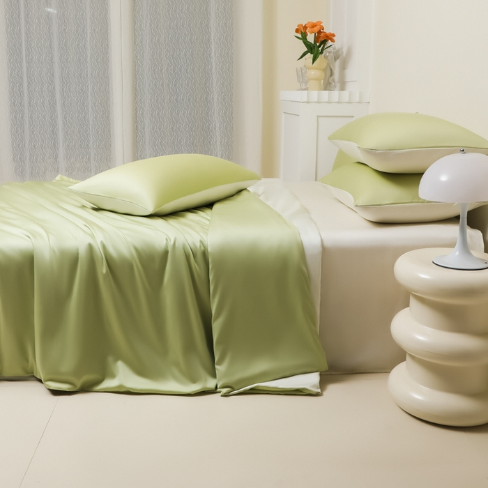 91家纺网 家纺一手货源 找家纺 缦绣阁家纺 2026新款夏季水洗冰丝轻奢四件套及丝滑裸睡被套被罩单品 果绿芝士