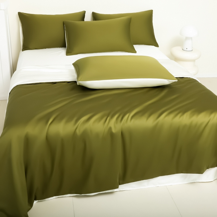 91家纺网 家纺一手货源 找家纺 缦绣阁家纺 2026新款夏季水洗冰丝轻奢四件套及丝滑裸睡被套被罩单品 橄榄绿芝士