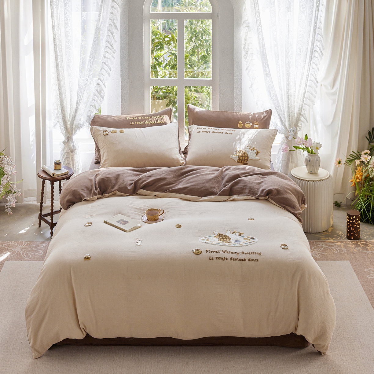 沐珩家纺 2026新款直播爆款A类母婴级素色全棉双层皱皱纱绣花纯棉双层纱四件套 慕斯小猫