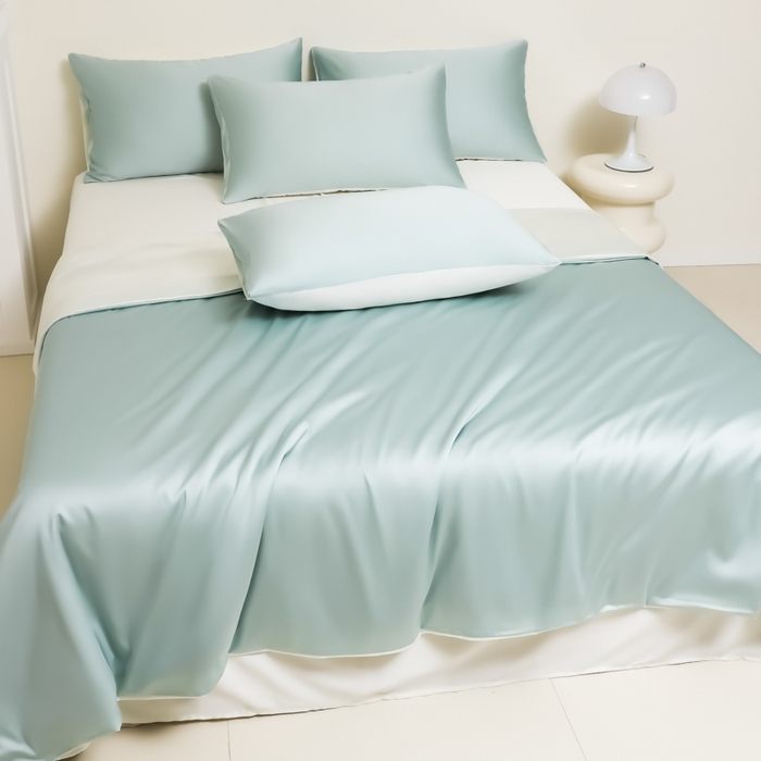 91家纺网 家纺一手货源 找家纺 缦绣阁家纺 2026新款夏季水洗冰丝轻奢四件套及丝滑裸睡被套被罩单品 水绿芝士