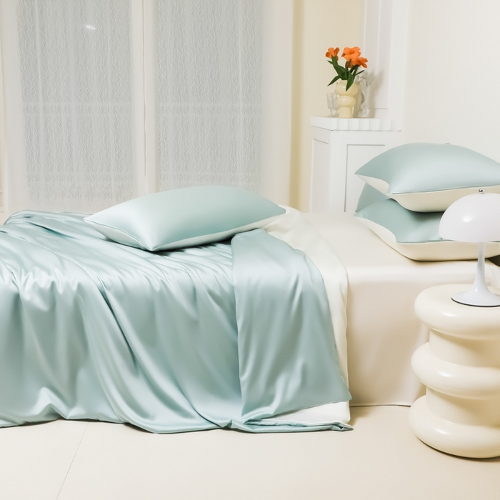 91家纺网 家纺一手货源 找家纺 缦绣阁家纺 2026新款夏季水洗冰丝轻奢四件套及丝滑裸睡被套被罩单品 水绿芝士