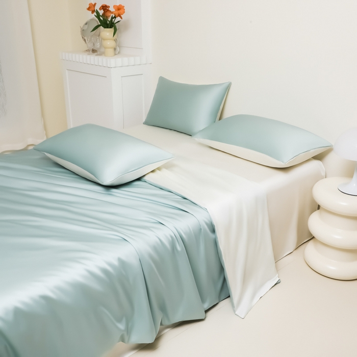 91家纺网 家纺一手货源 找家纺 缦绣阁家纺 2026新款夏季水洗冰丝轻奢四件套及丝滑裸睡被套被罩单品 水绿芝士