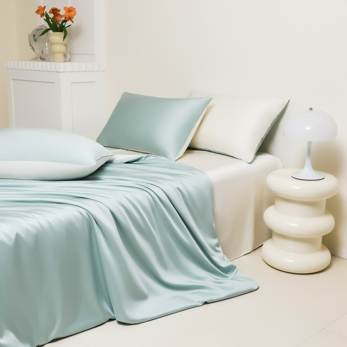 91家纺网 家纺一手货源 找家纺 缦绣阁家纺 2026新款夏季水洗冰丝轻奢四件套及丝滑裸睡被套被罩单品 水绿芝士