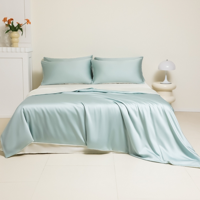 91家纺网 家纺一手货源 找家纺 缦绣阁家纺 2026新款夏季水洗冰丝轻奢四件套及丝滑裸睡被套被罩单品 水绿芝士