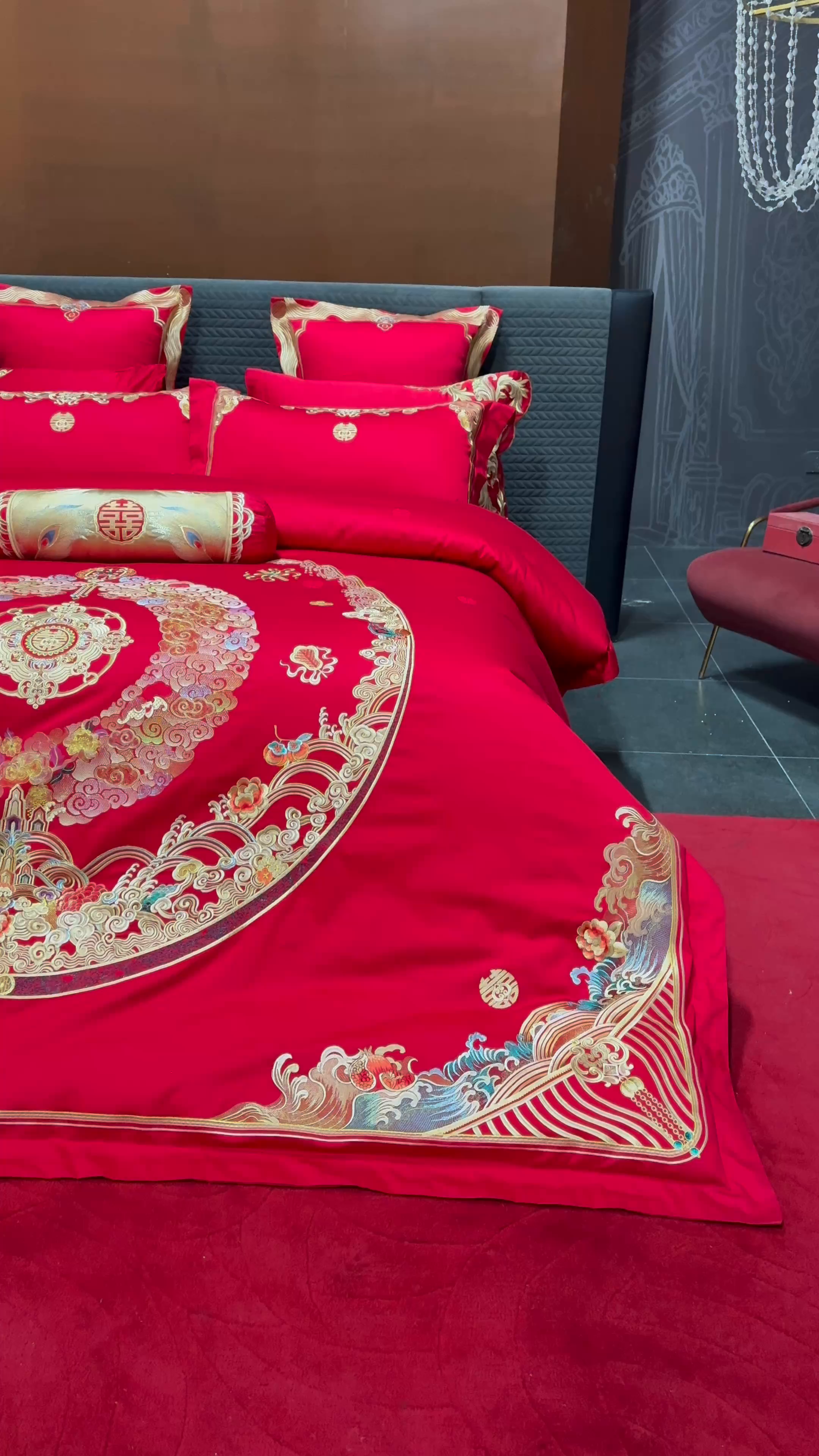 91家纺网 家纺一手货源 找家纺 （总）红翻天婚庆 2026新款全棉纯棉刺绣款婚庆系列四件套多件套-100S福禄双喜