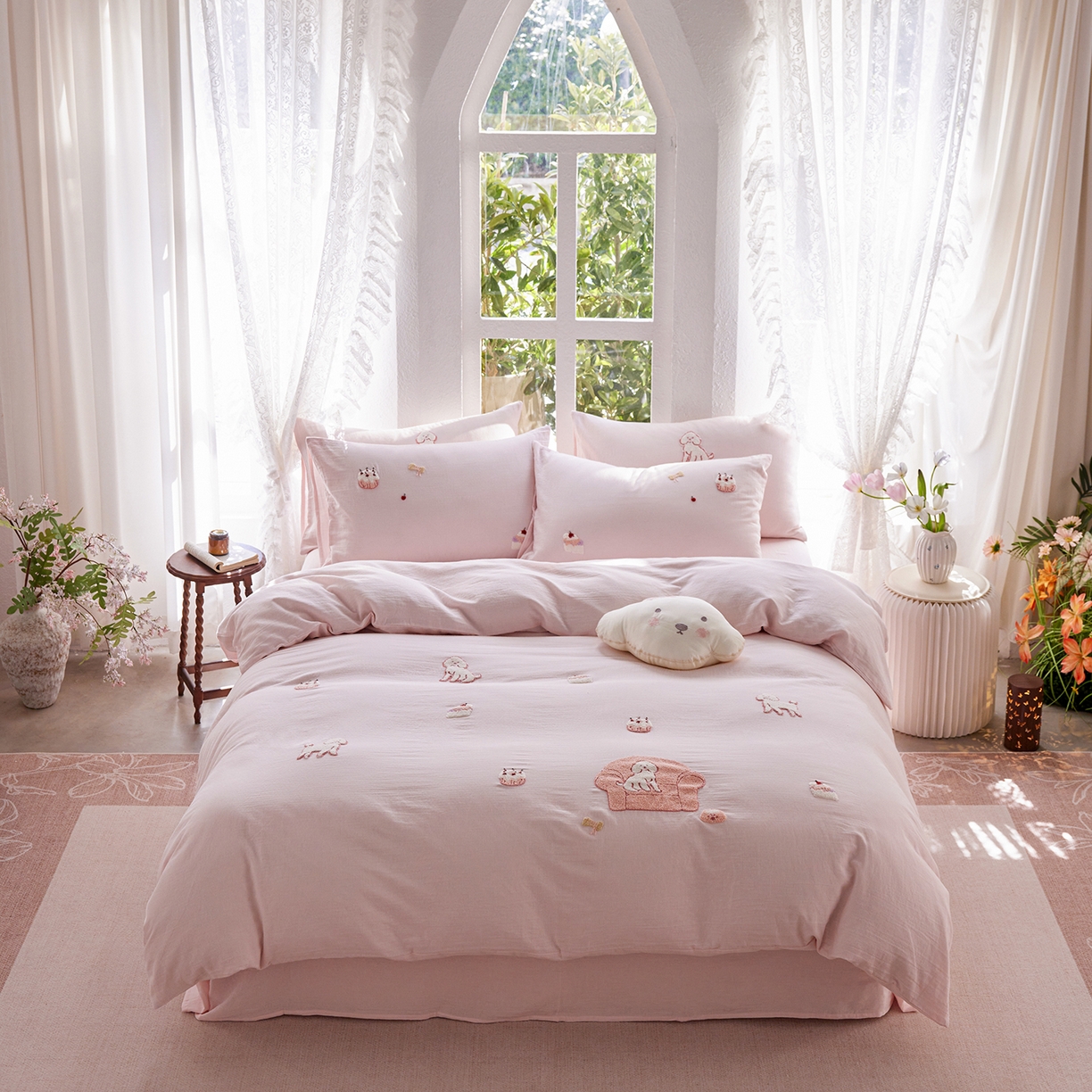 沐珩家纺 2026新款直播爆款A类母婴级素色全棉双层皱皱纱绣花纯棉双层纱四件套 清新可露丽