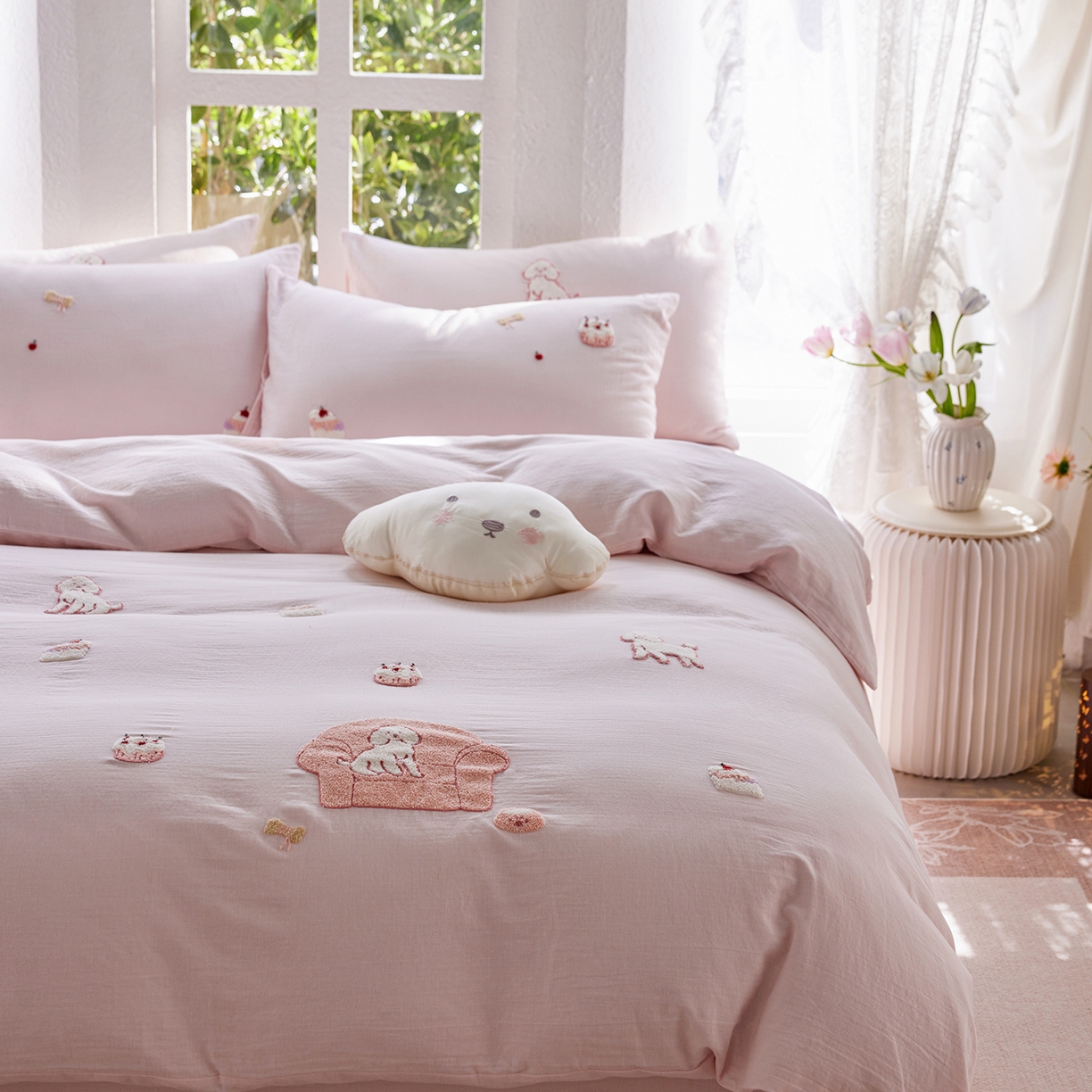 91家纺网 家纺一手货源 找家纺 沐珩家纺 2026新款直播爆款A类母婴级素色全棉双层皱皱纱绣花纯棉双层纱四件套 清新可露丽